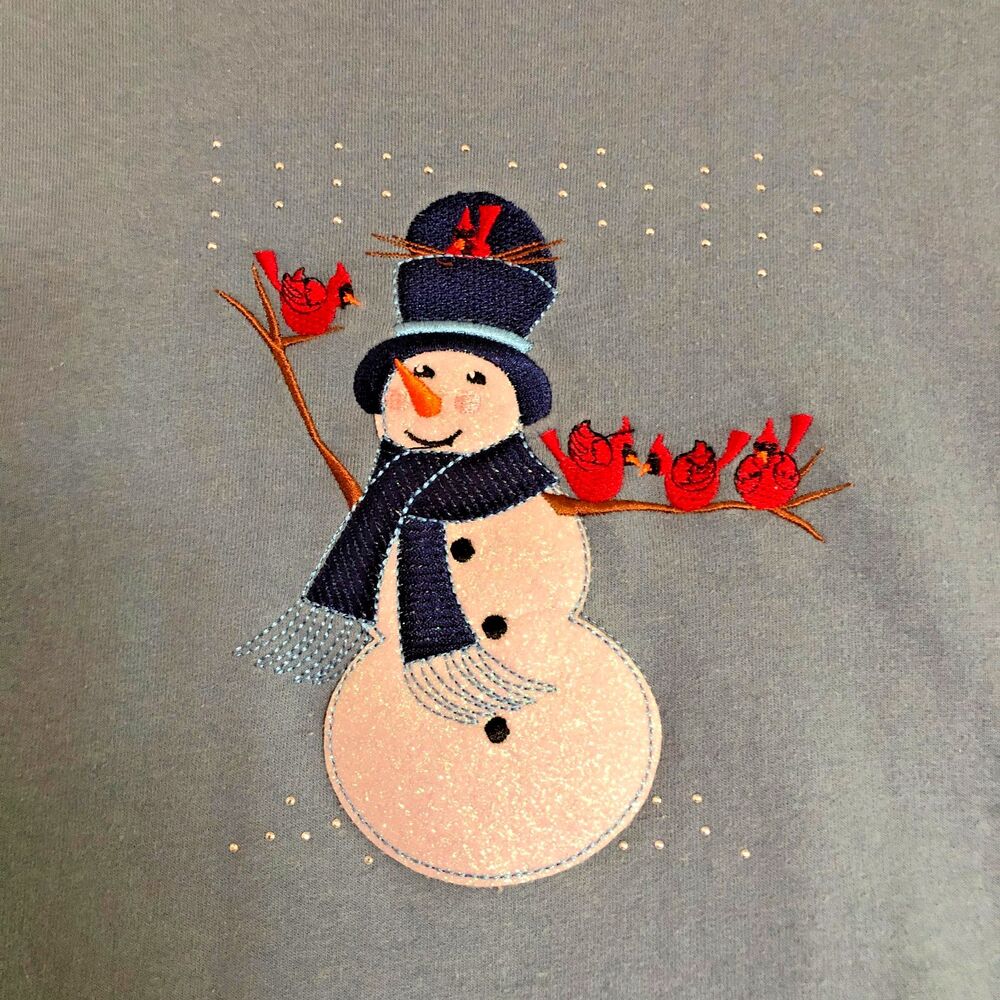 Vtg M&C Sportswear Christmas Sweatshirt L Glitter Snowman Red Cardinal Bird Cozy - Picture 2 of 10